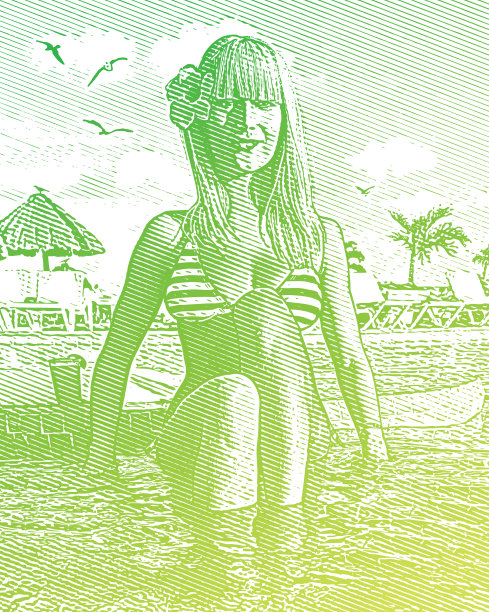 美丽的女人日光浴池边图片下载