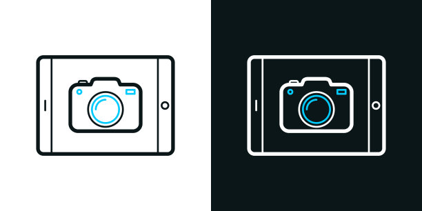 带摄像头的平板电脑。黑色或白色背景上的双色线条图标-可编辑笔触图片下载