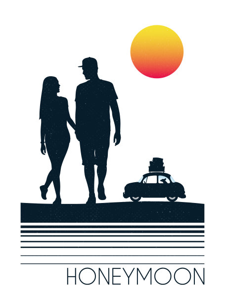 情侣走在沙滩上，情侣和汽车的剪影图片下载