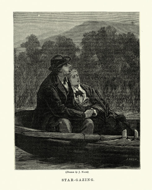 19世纪维多利亚时代，一对相爱的年轻情侣凝视星空图片下载