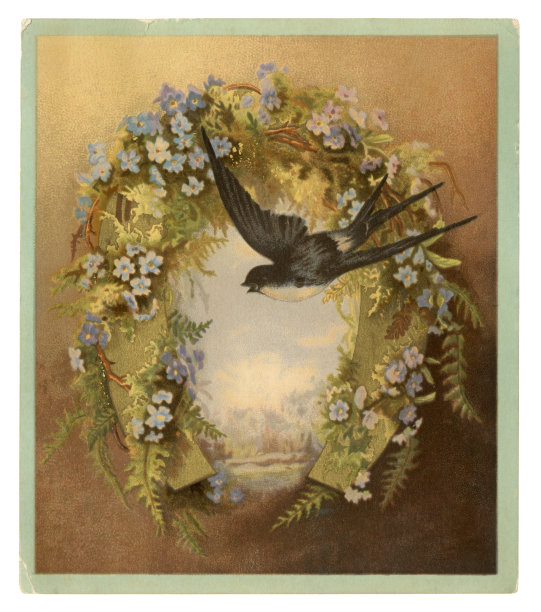 维多利亚时代的贺卡，上面有“勿忘我”字样，马蹄和燕子，1883年图片下载