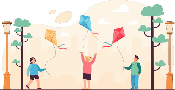 城市公园里拿着风筝的卡通小孩图片下载