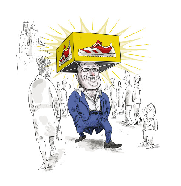 一个头上戴着鞋子广告牌子的男人走在街上图片下载