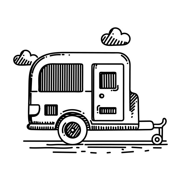 大篷车线图标，草图设计，像素完美，可编辑的笔画。露营帐篷，休闲活动。图片下载