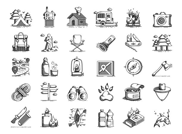 野营手绘矢量涂鸦线图标集图片下载