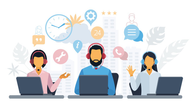 客户服务。呼叫中心。手提电脑屏幕上戴着耳机的热线接线员。图片下载