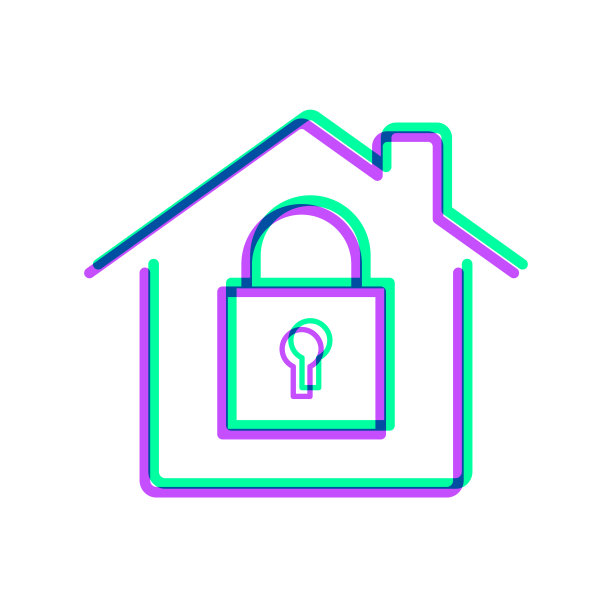 家庭安全-带挂锁的房子。图标与两种颜色叠加在白色背景上图片下载