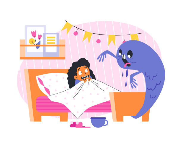 害怕妖怪的孩子，平面卡通矢量插图孤立。图片下载