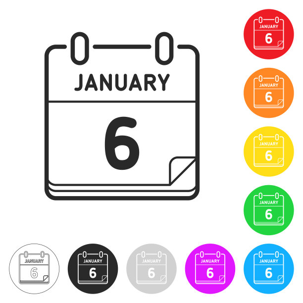 1月6日。按钮上不同颜色的平面图标图片下载