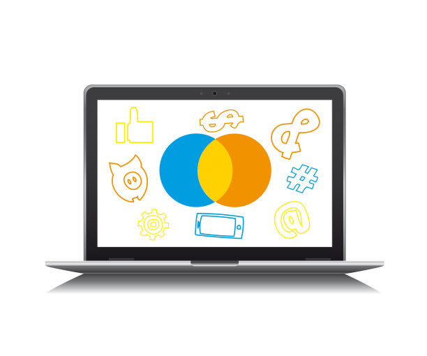 无线技术和现实风格的网上购物概念。笔记本电脑与社交媒体图标孤立的白色背景。图片下载