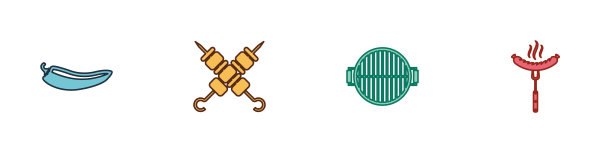 设置辣椒豆荚，烤羊肉串，烧烤和香肠叉子上的图标。向量图片下载