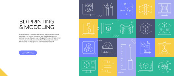 3D打印和建模网络横幅与线性图标，新潮的线性风格矢量图片下载