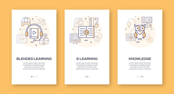 电子学习，在线教育和远程教育相关的移动应用程序页面屏幕与平面图标。用户体验，用户界面设计模板矢量插图图片下载