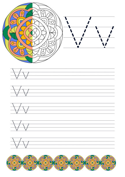 学习写大写字母和小写字母V在一个白色的背景与曼荼罗画与颜色，学习写着色图片下载