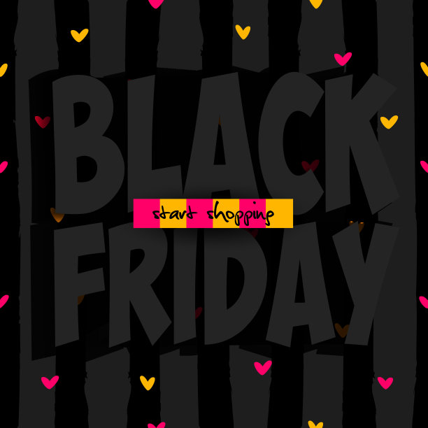 卡通风格的季节性销售概念。黑色星期五，开始购物吧。折扣文字在灰色抽象条纹无缝背景与彩色心。Web模板的应用程序和在线商店。图片下载