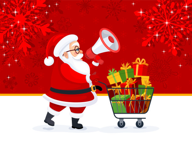 圣诞老人用扩音器。圣诞老人的角色购物车装满了礼品盒。圣诞节的背景。图片下载