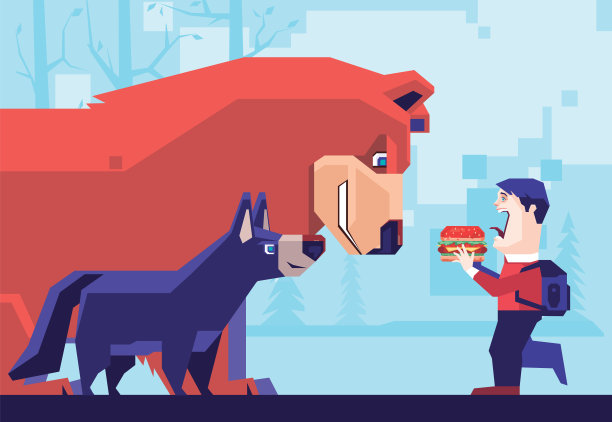 小孩拿着汉堡包，在遇到熊和狼时尖叫图片下载