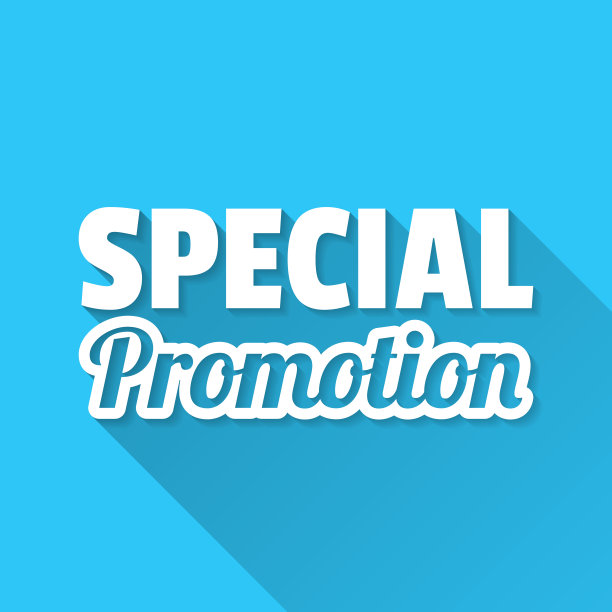 特殊的推广。蓝色背景上的图标-长阴影平面设计图片下载