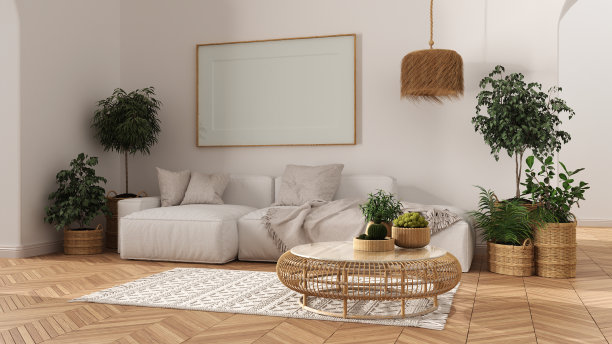 白色色调的斯堪的纳维亚北欧客厅，拼花地板，框架模型与复制空间，沙发，地毯，灯，藤桌，盆栽植物和装饰品。现代室内设计图片下载