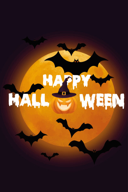 有飞蝙蝠、南瓜和月亮的万圣节文字图片下载