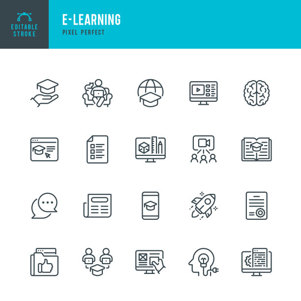 E - LEARNING -细线矢量图标集。像素完美。可编辑的中风。该集合包含图标:E-Learning, Educational Exam, Rocket, Brain, Book。图片下载