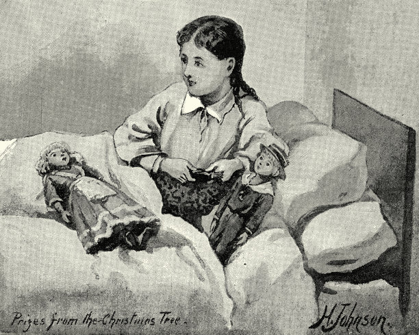 复古插画，床上的女孩和她的玩具娃娃，维多利亚19世纪图片下载