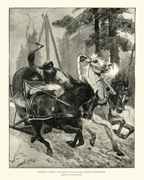 19世纪在西伯利亚乘马拉的雪橇旅行图片下载