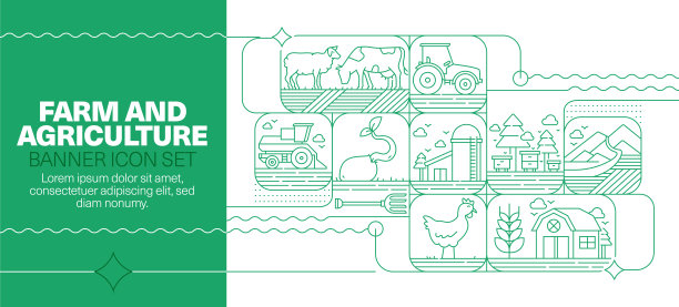 农场和农业线图标集和旗帜设计图片下载