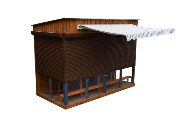 一种封闭的街边小店，有一个白色背景的遮阳篷供修剪图片下载