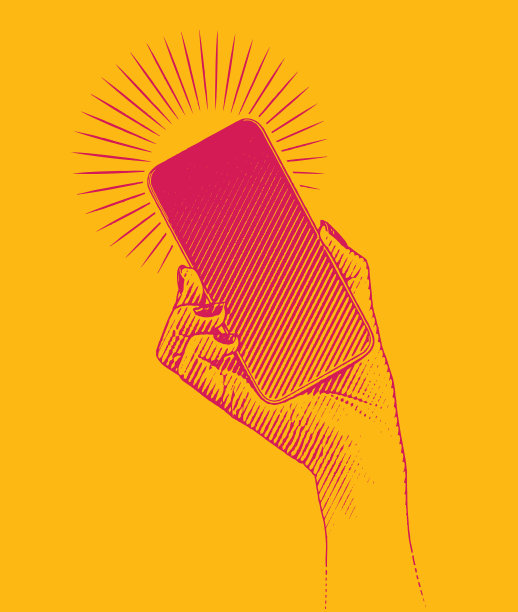 矢量雕刻一个女人的手拿着智能手机图片下载