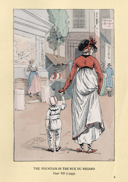 年轻妇女和孩子在喷泉，Rue du Regard，法国时尚图片下载