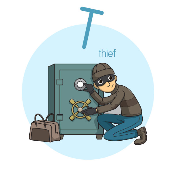 向量插图小偷与字母T大写字母或大写字母的儿童学习练习ABC图片下载