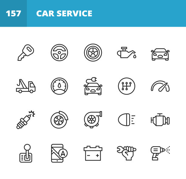汽车服务和汽车修理店线图标。可编辑的中风。像素完美。移动和网络。包含如汽车事故，机修工，方向盘，轮胎，车轮，汽车油，车库，速度表，汽车镜，导航，电池等图标。图片下载