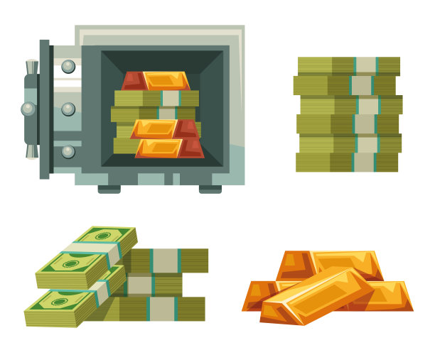 金条和钱孤立套。银行保险库的概念。矢量平面设计卡通插图图片下载