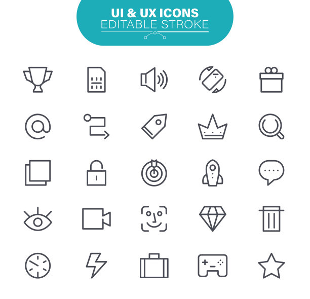 UI和UX图标。集包含符号智能手机，用户体验，技术，信息，媒体，数据，插图图片下载