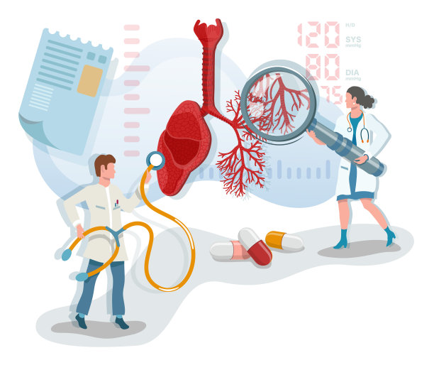 平面矢量图，两个医生检查呼吸系统肺图片下载