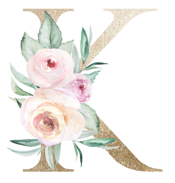 淡金色字母K与水彩玫瑰和叶子。粉彩花卉字母表图片下载