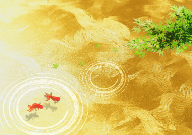 金鱼，鲜绿水面(背景为金色日本纸)图片下载