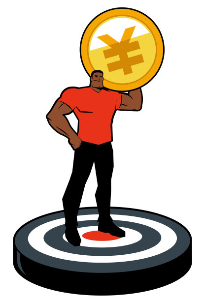 一个强壮的男人微笑，一手叉腰，肩上扛着一枚大额货币硬币，站在一个大的目标飞镖盘上图片下载