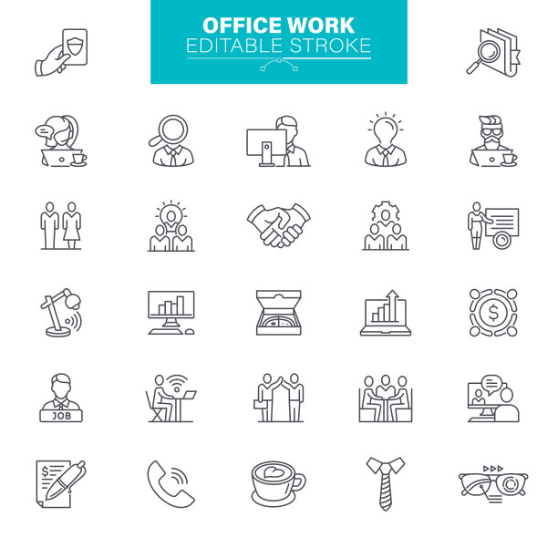办公室工作图标。可编辑的中风。包含诸如办公桌，咖啡，文件，消息，通信等图标图片下载
