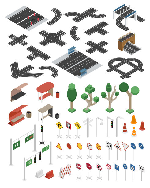 采购产品道路部分元素，道路标志，树木等距插图图片下载