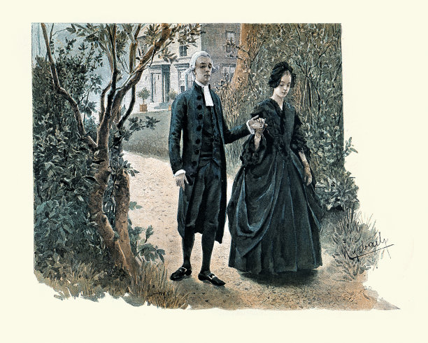 18世纪，一对穿着黑衣在花园里散步的夫妇图片下载