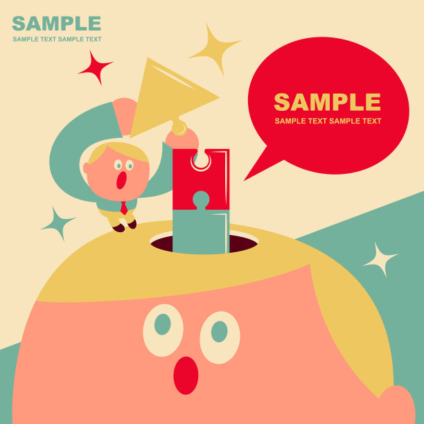 可爱的小办公室工作人员给拼图完成向上的箭头在巨大的开放的头拼图图片下载