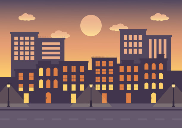 城市景观与房屋建筑在日落的看法。城市景观最小的平面设计。图片下载