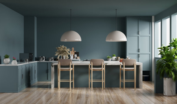 厨房风格的绿色墙壁模型，房间里有配件。图片下载