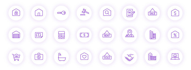 房地产紫色轮廓图标上的浅圆形按钮与紫色的阴影。房地产图标集网页，移动应用程序，UI设计和打印图片下载