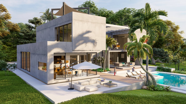 豪华的野兽派住宅，设有游泳池和热带花园图片下载