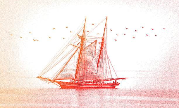 一艘高船的复古风格插画图片下载