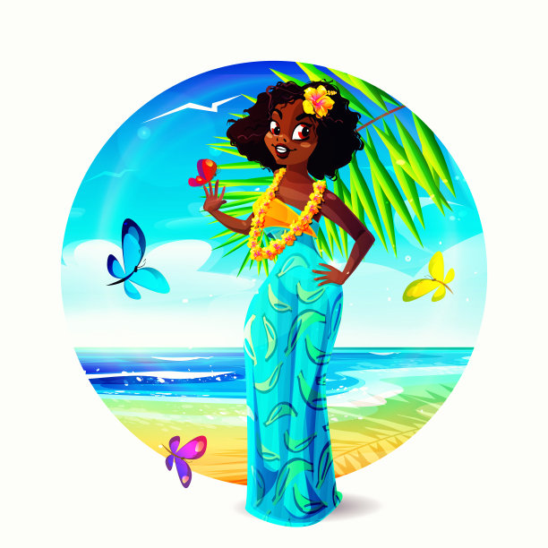 卡通风格的夏威夷阿罗哈。一个年轻的草裙舞女孩穿着五颜六色的衣服，带着芙蓉花，映衬着清澈阳光明媚的热带风景，还有蝴蝶。圆向量组合。图片下载