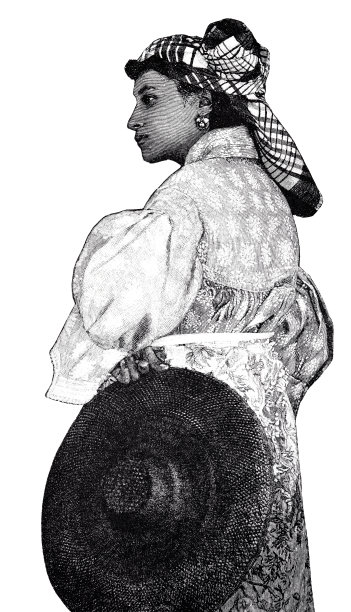 年轻的女子穿着传统的衣服，戴着头巾，看着一边，巨大的帽子挂在一边图片下载